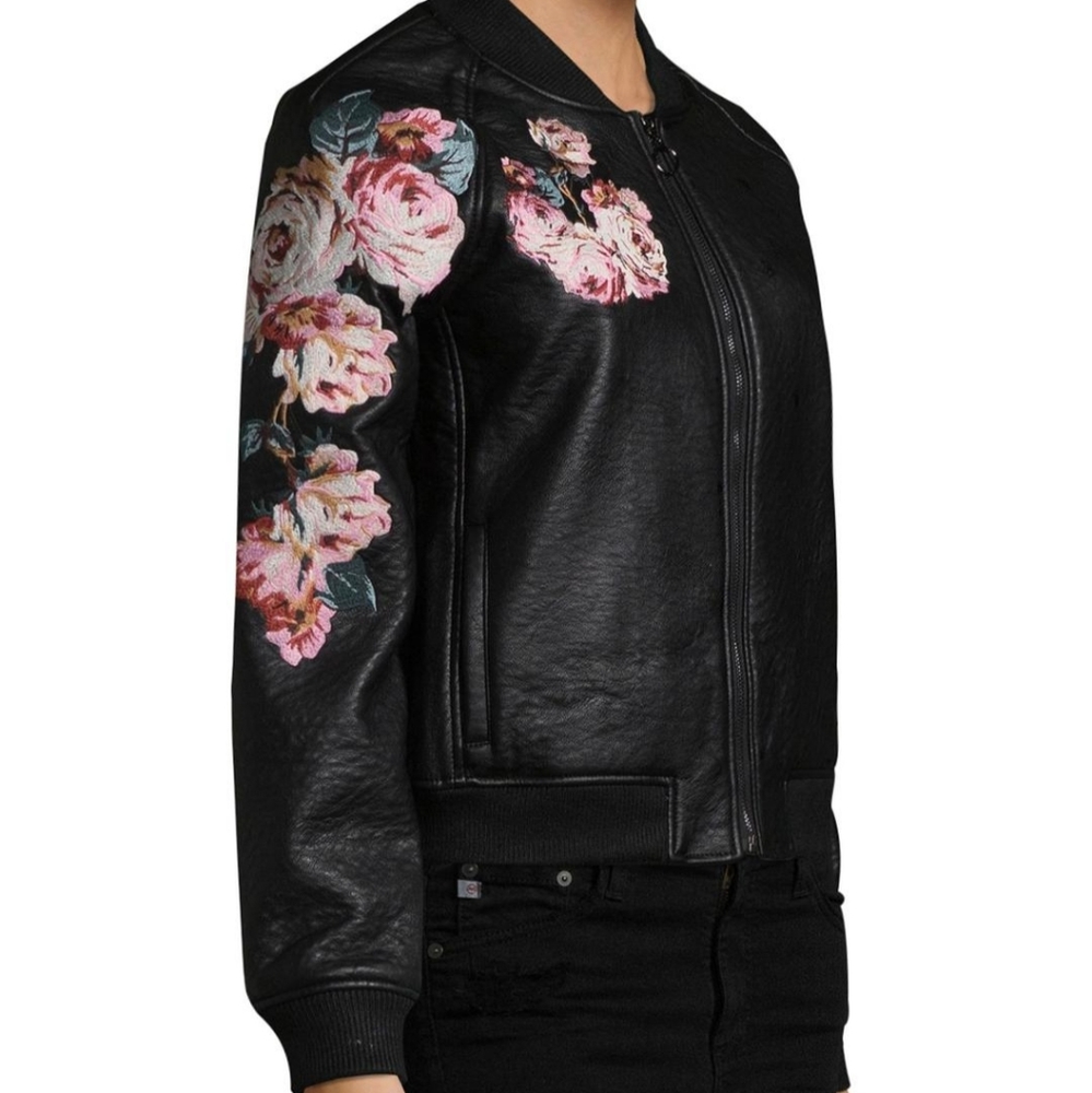 Joe's Collection Floral Embroidered Black Faux Leather Bomber Jacket